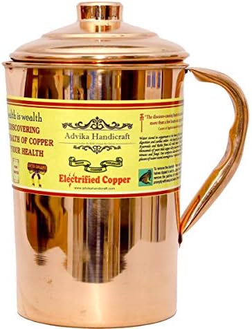 Advika יד בעבודת יד נחושת רגילה 1 קיבולת כד קנקן 67 גרם {2} קיבולת גביע כוס זכוכית פטיש - 10.14 גרם